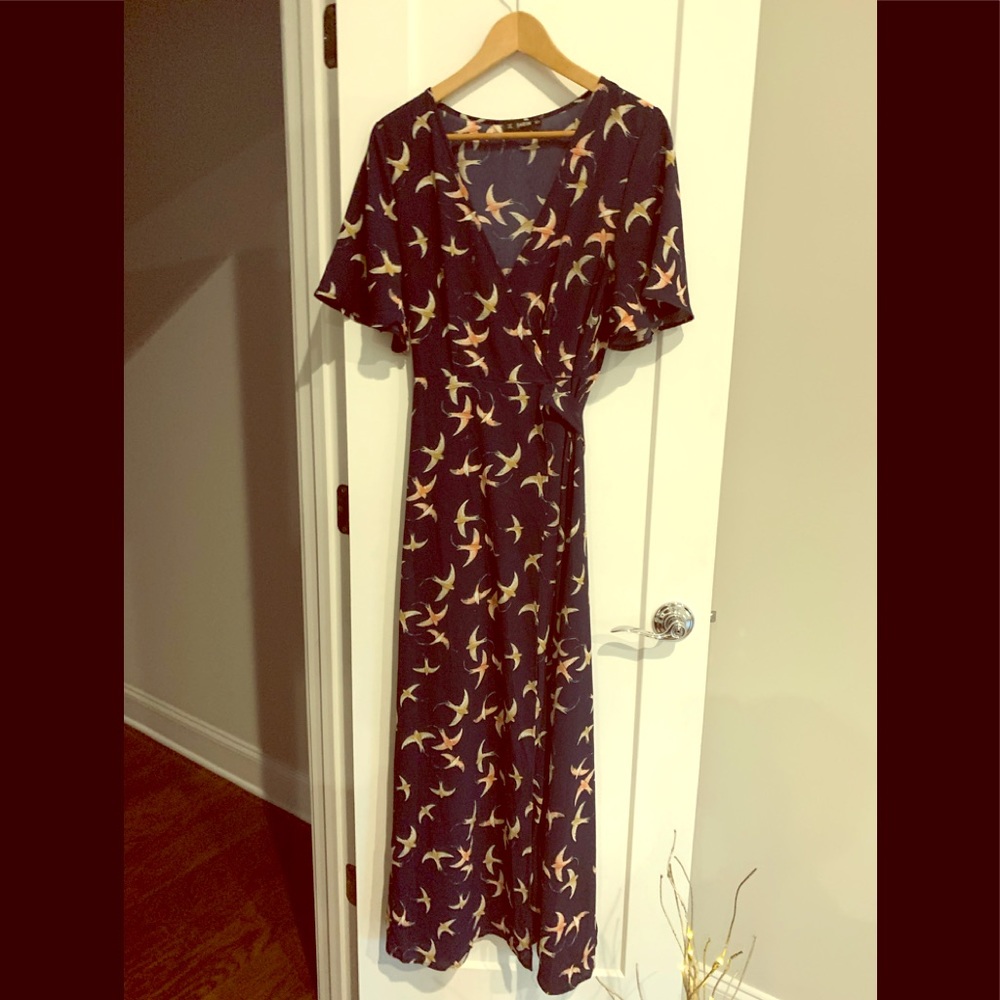 Wrap maxi dress with crane print